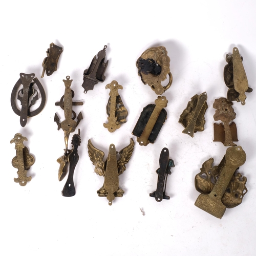 355 - A group of Vintage brass door knockers, including a ring-handled lion mask, a Cornish pisky, eagle e... 