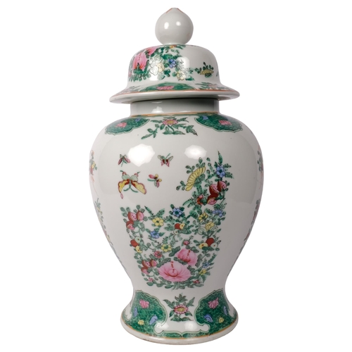 361 - A large modern Chinese famille verte baluster jar and cover, with pre-drilled holes for use as a lam... 