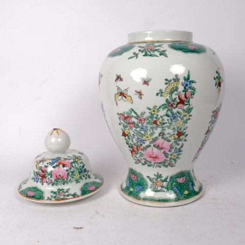 361 - A large modern Chinese famille verte baluster jar and cover, with pre-drilled holes for use as a lam... 