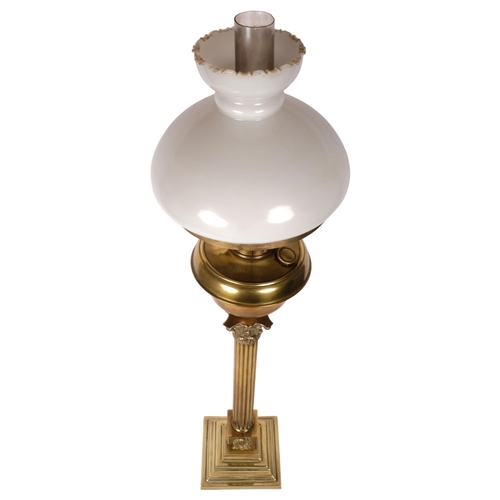 363 - ELTEX - a brass Corinthian column table lamp with milk glass shade, H86cm