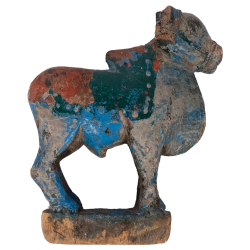 372 - An Antique polychrome painted wooden Tang style horse (no tail or ears), H18cm