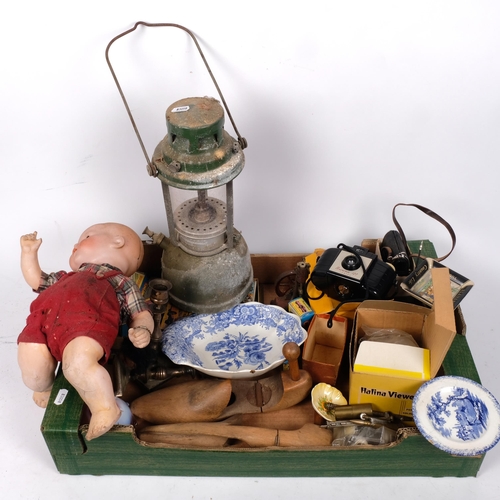 375 - A Vintage tilly lamp, Armand Marseilles doll 341/4H, shoe lasts, Matchbox cars, etc