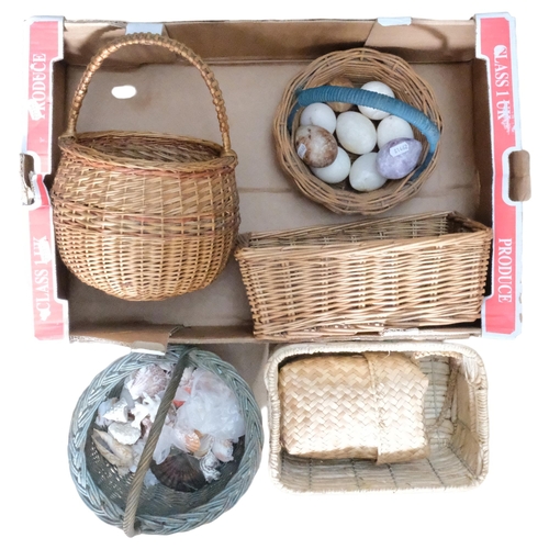 378 - Various seashells, hardstone eggs, and wicker baskets (boxful)