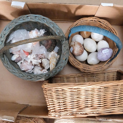 378 - Various seashells, hardstone eggs, and wicker baskets (boxful)