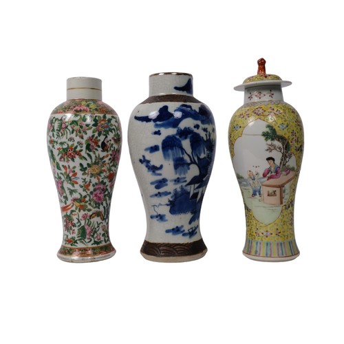 335 - 3 various Chinese baluster vases, including a blue and white crackle glaze, Canton baluster vase, an... 