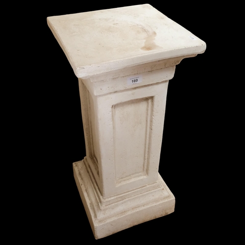 160 - A white finished concrete garden square pedestal on plinth base, W30cm, H67cm