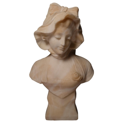 165 - A small marble bust of a young lady in a bonnet, H36cm, indistinctly signed to the back