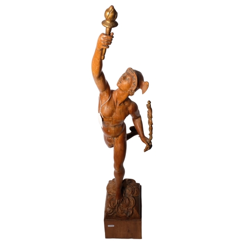 166 - A carved fruitwood study of Hermes, on square plinth base, H95cm