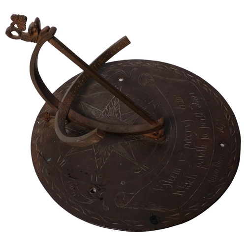 170 - An Antique bronze sundial, engraved decoration, W25cm