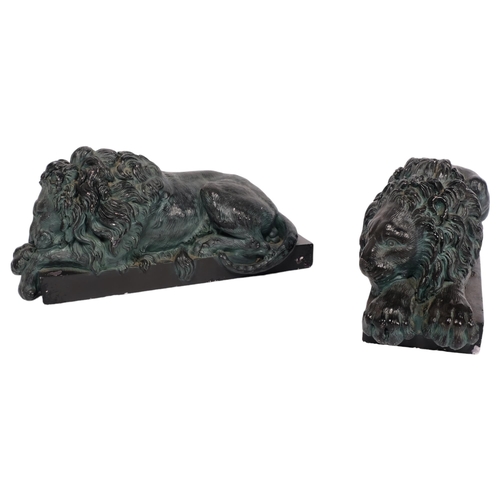 178 - A pair of patinated plaster recumbent lions, L33cm, H15cm