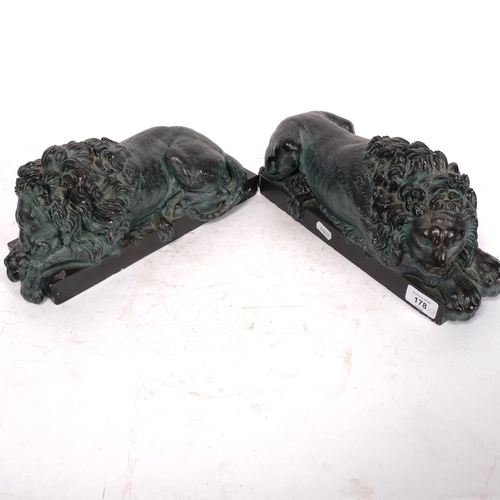 178 - A pair of patinated plaster recumbent lions, L33cm, H15cm