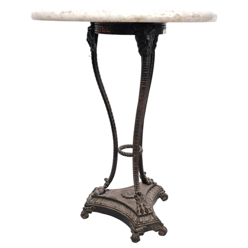 179 - A small circular white and grain veined marble-top side table, sitting on a cast-iron base with Gree... 