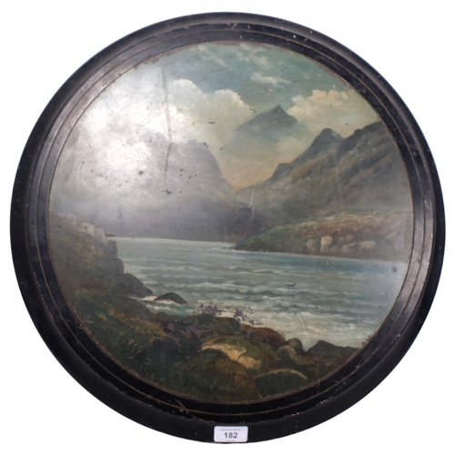 182 - A large circular black marble table top (no base), with a watercolour scene signed J T Parry of Moun... 