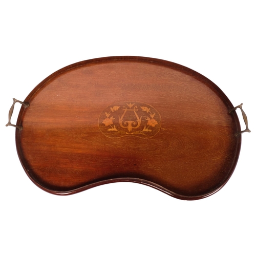 185 - Am Edwardian mahogany kidney-shaped galleried tea tray, with brass handles, overall width 60cm