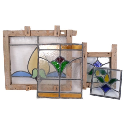 192 - 4 pieces of stained leadlight glass window panels, 2 pine-framed, largest unframed 37.5cm x 31cm