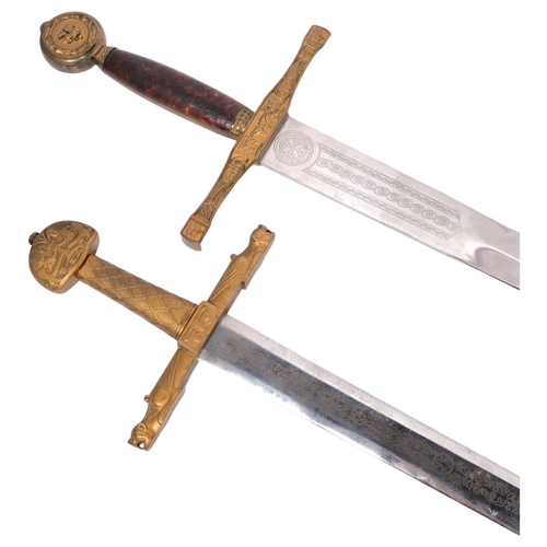 197 - 2 reproduction broad swords, 1 with cast-metal leather scabbard and handle, and engraved blades, tal... 