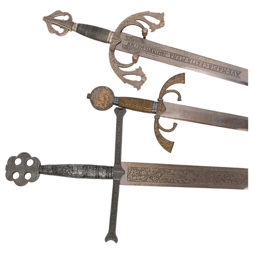 198 - 3 reproduction broad swords with decorative hilts and handles, lengths 119cm, 100cm and 96cm