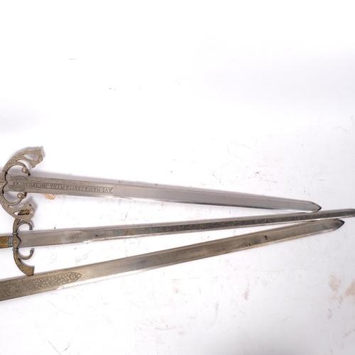 198 - 3 reproduction broad swords with decorative hilts and handles, lengths 119cm, 100cm and 96cm