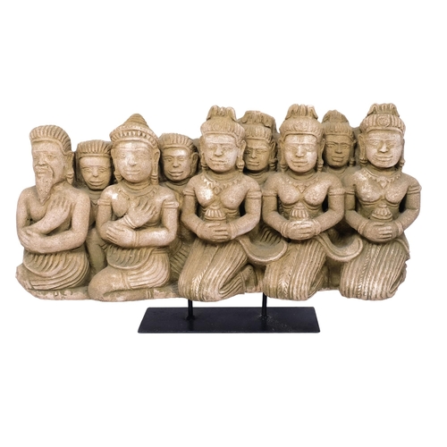 207 - An Oriental composite frieze, depicting 9 kneeling figures, W42cm