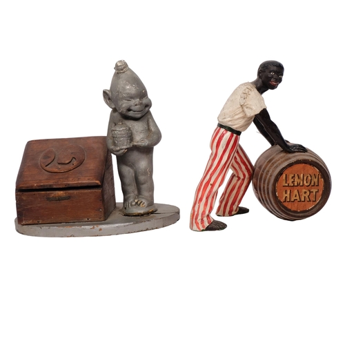 215 - An early 20th century painted wood Chairman Tobacco imp, H23cm, and a Vintage Lemon Hart rum-back ba... 