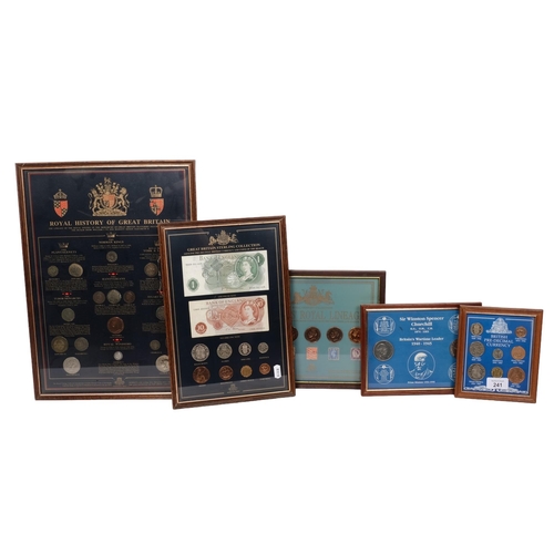 241 - A collection of 5 framed commemorative coin sets, including The Royal History of Great Britain, a Ge... 