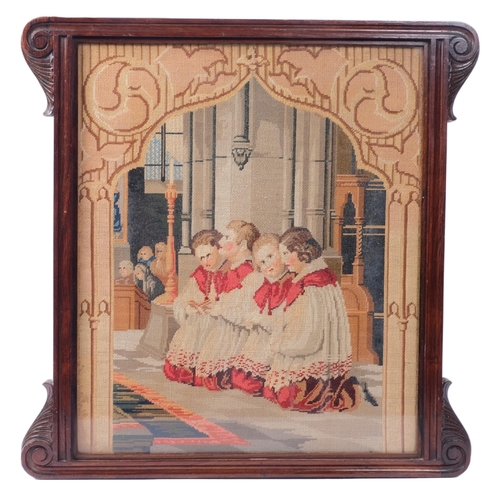 260 - An Antique woolwork picture depicting choristers, mahogany-framed, 43 x 43cm