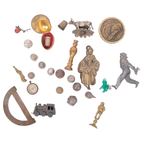 268 - Various items, to include 3 silver thimbles, a small brass-cased compass, a cast-brass seal etc