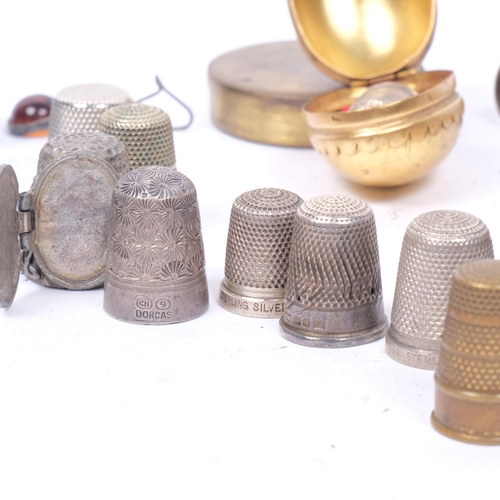 268 - Various items, to include 3 silver thimbles, a small brass-cased compass, a cast-brass seal etc