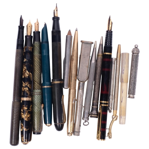 271 - A group of pens, to including a Parker Duofold with 14ct gold nib and marbled body, a De La Rue 14ct... 