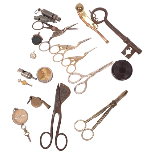 275 - A group of various scissors, including a candle snuffer, a swan design sewing scissors, grape scisso... 