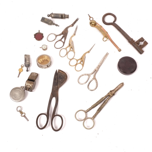 275 - A group of various scissors, including a candle snuffer, a swan design sewing scissors, grape scisso... 