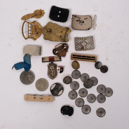 276 - Various gilt and other metal buckles and buttons, enamel badge etc