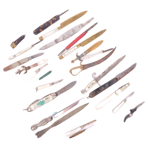 278 - Various penknives, including mother-of-pearl and silver-bladed, sword design letter openers, dirk de... 