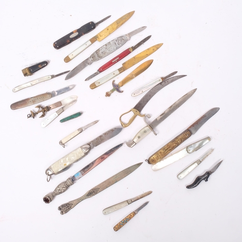 278 - Various penknives, including mother-of-pearl and silver-bladed, sword design letter openers, dirk de... 