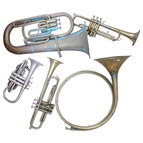 441 - A quantity of brass wind instruments, to include 2 trumpets, a cornet, tuba and horn (5)