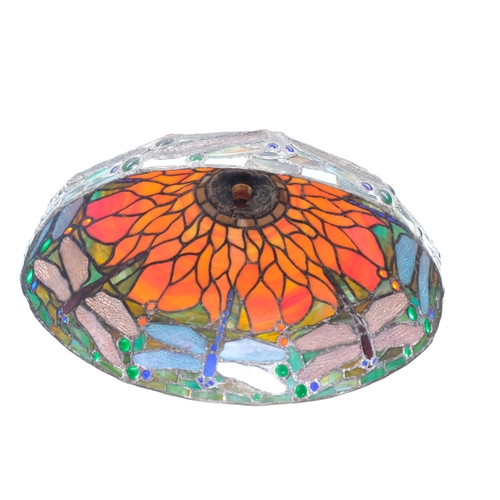 464 - A Tiffany style lead and coloured glass ceiling light shade, with floral and dragonfly decoration. D... 