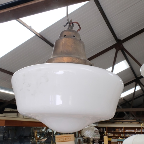 465 - 2 similar opaline glass and brass light fittings and associated pendants, drop 35cm