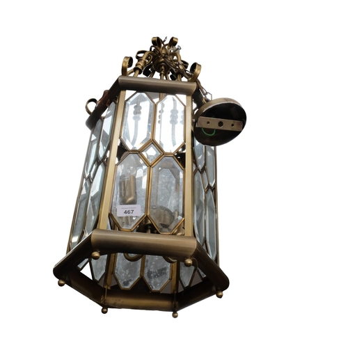 467 - A modern brass and glazed hanging lantern, drop approx 120cm