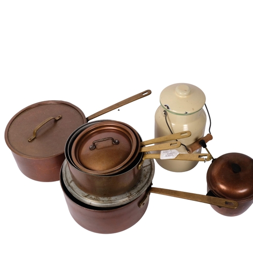 470 - A graduated set of 5 copper saucepans, an enamel pot and cover, H31cm, and a copper pot