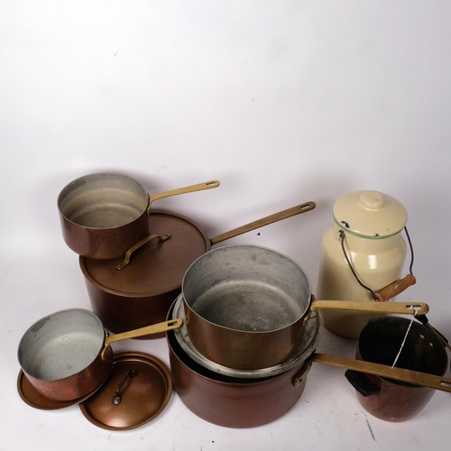 470 - A graduated set of 5 copper saucepans, an enamel pot and cover, H31cm, and a copper pot