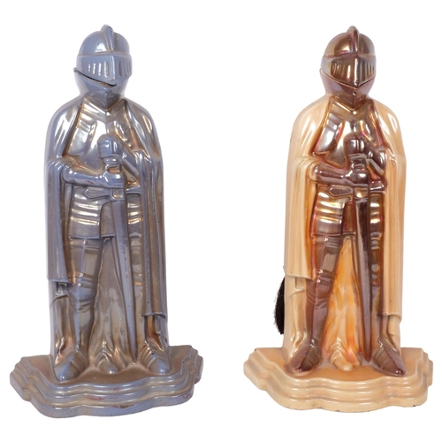 491 - 2 enamelled cast-iron knight figure companion set, with fire tools, H37cm