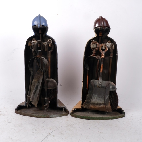 491 - 2 enamelled cast-iron knight figure companion set, with fire tools, H37cm