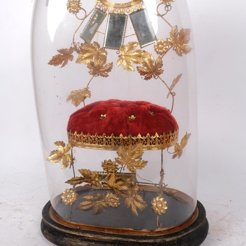 493 - A Victorian glass dome on plinth, H49cm, containing a velvet and gilt-metal stand, mirrors and folia... 