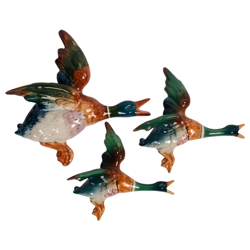 495 - A graduated set of 3 painted pottery flying duck wall ornaments, largest length 29cm