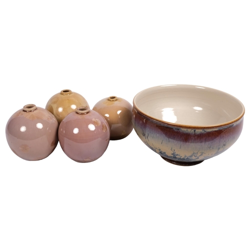 500 - A French crystaline bowl and 4 small crystaline glaze vases, largest bowl 17.5cm