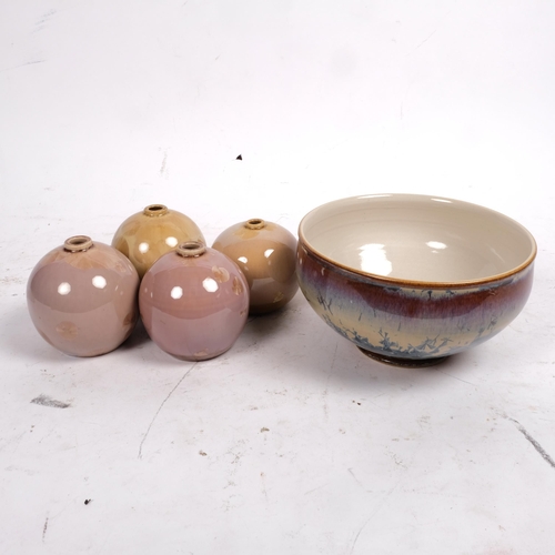 500 - A French crystaline bowl and 4 small crystaline glaze vases, largest bowl 17.5cm