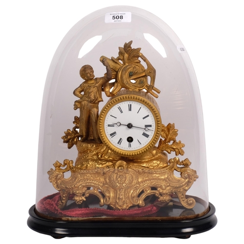 508 - Antique English ormolu-cased clock with sailor figure and anchor motif, under glass dome on plinth, ... 