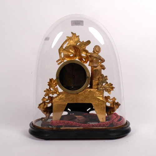 508 - Antique English ormolu-cased clock with sailor figure and anchor motif, under glass dome on plinth, ... 