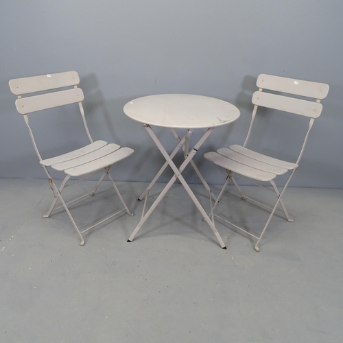 2690 - A folding bistro garden table, 60x72cm, and two matching chairs.