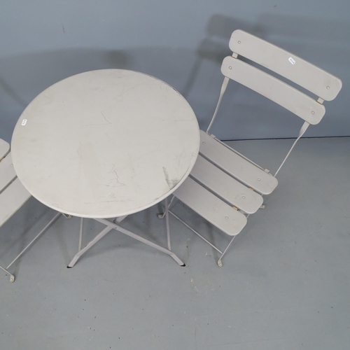 2690 - A folding bistro garden table, 60x72cm, and two matching chairs.